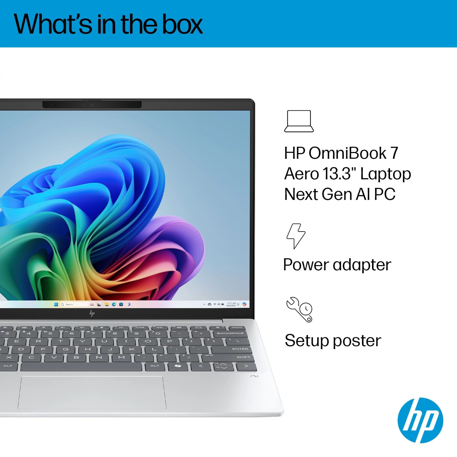 HP OmniBook 7 laptop, power adapter, and setup poster in the box.