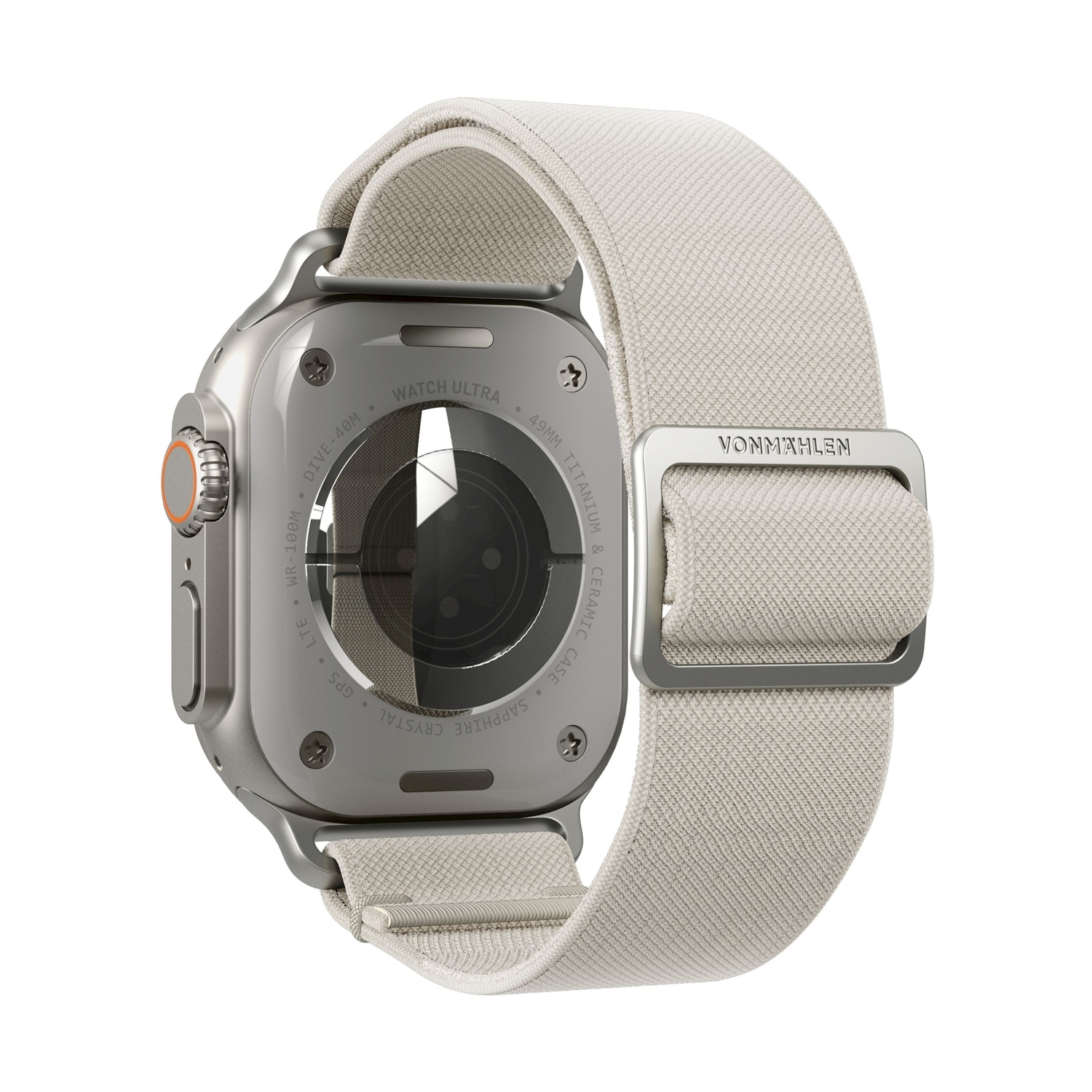 Retro di uno smartwatch argentato con cinturino in tessuto beige.