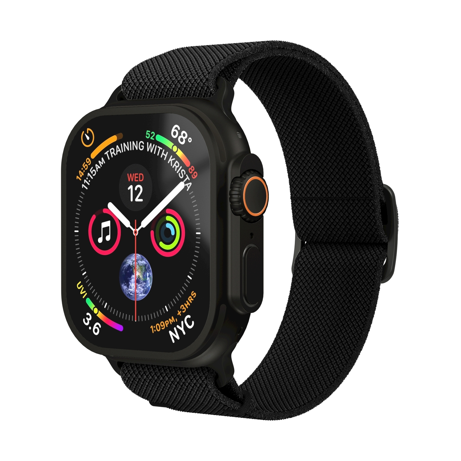 Orologio smart nero con cinturino in tessuto, mostra ora, data, temperatura e Terra.