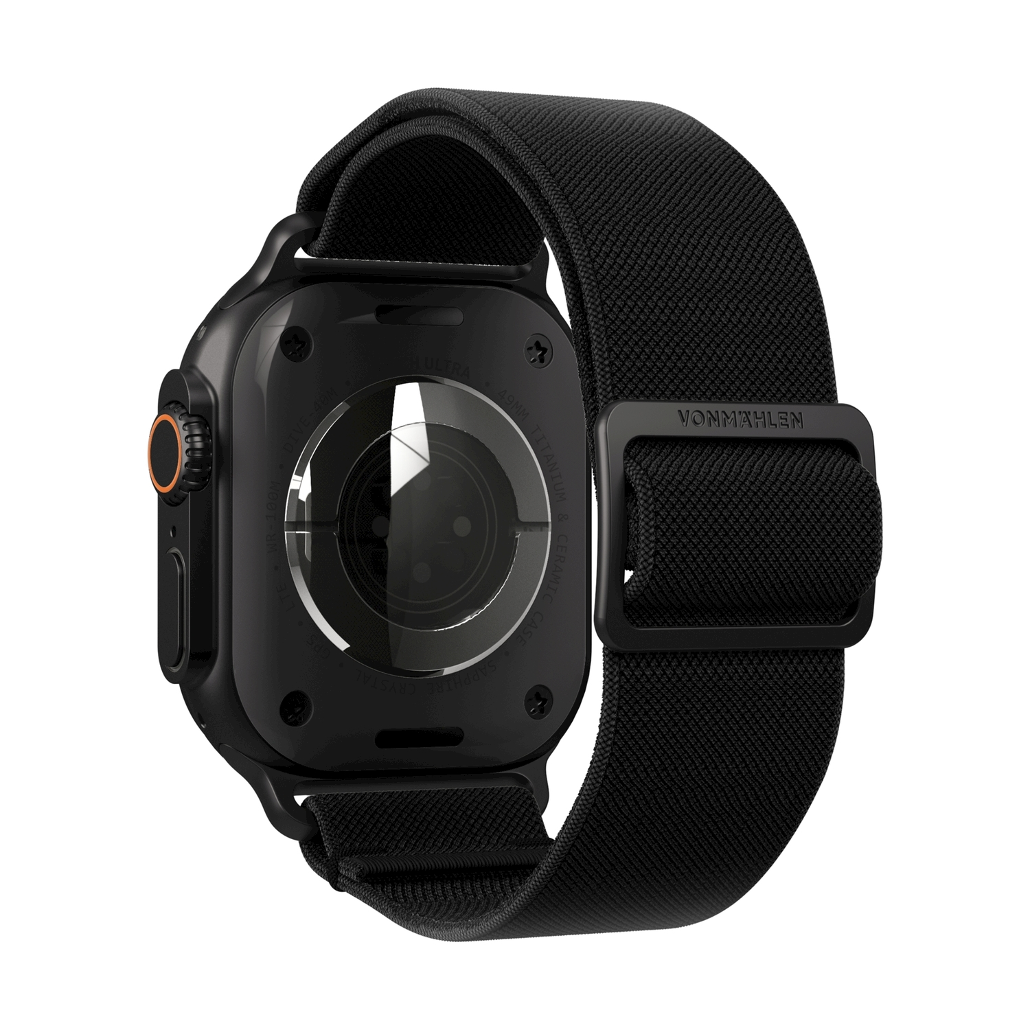 Smartwatch nero con cinturino in tessuto nero e corona arancione.