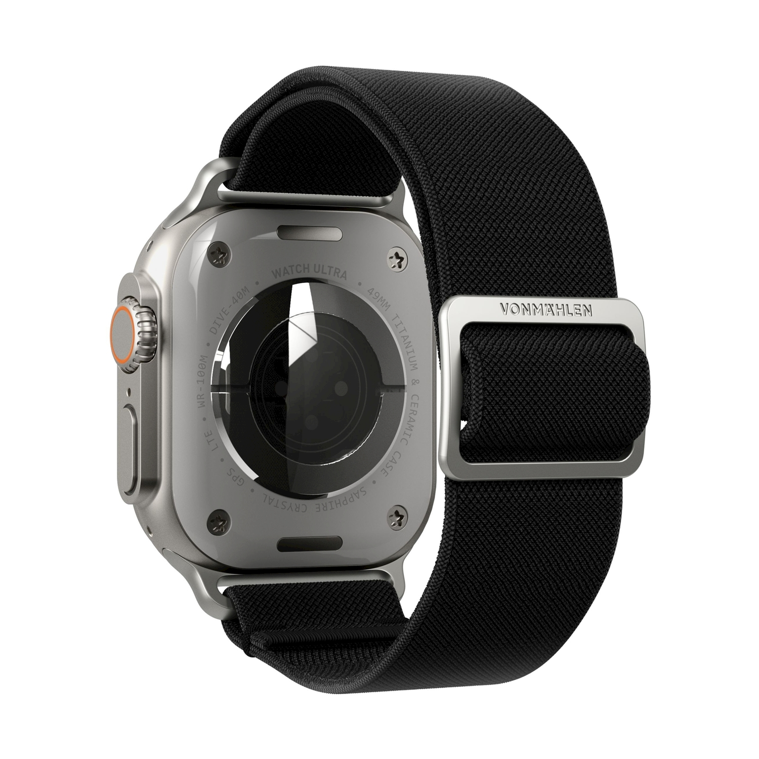 Smartwatch argentato con cinturino in tessuto nero e fibbia argentata.