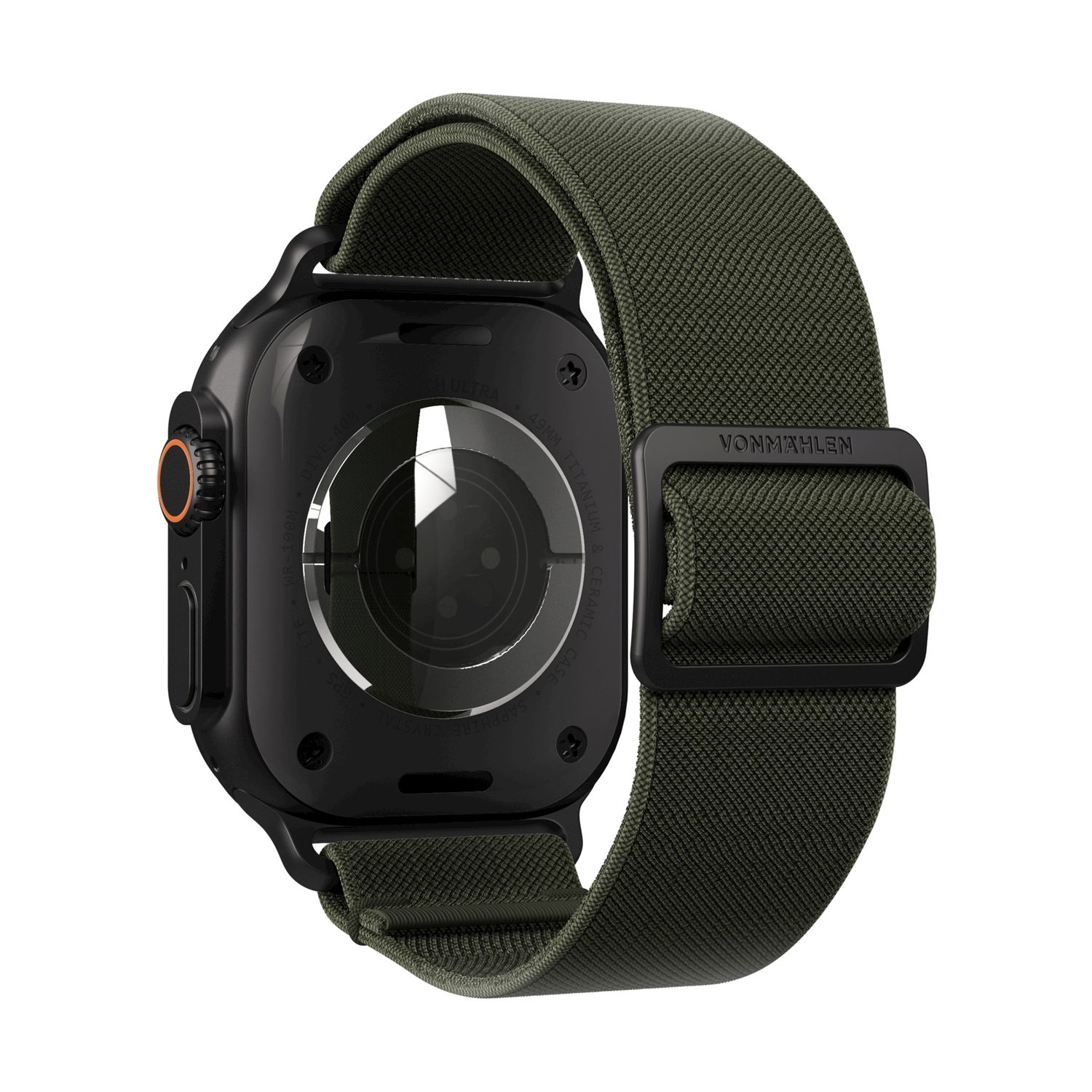 Orologio smart nero con cinturino in tessuto verde su sfondo bianco.