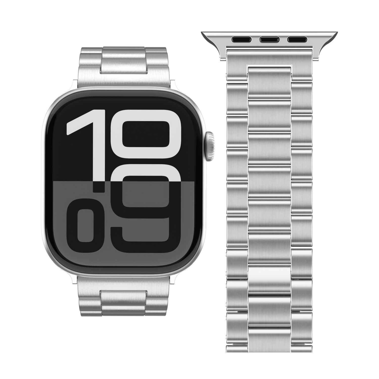 Smartwatch argento con cinturino in metallo, mostra le 10:09.