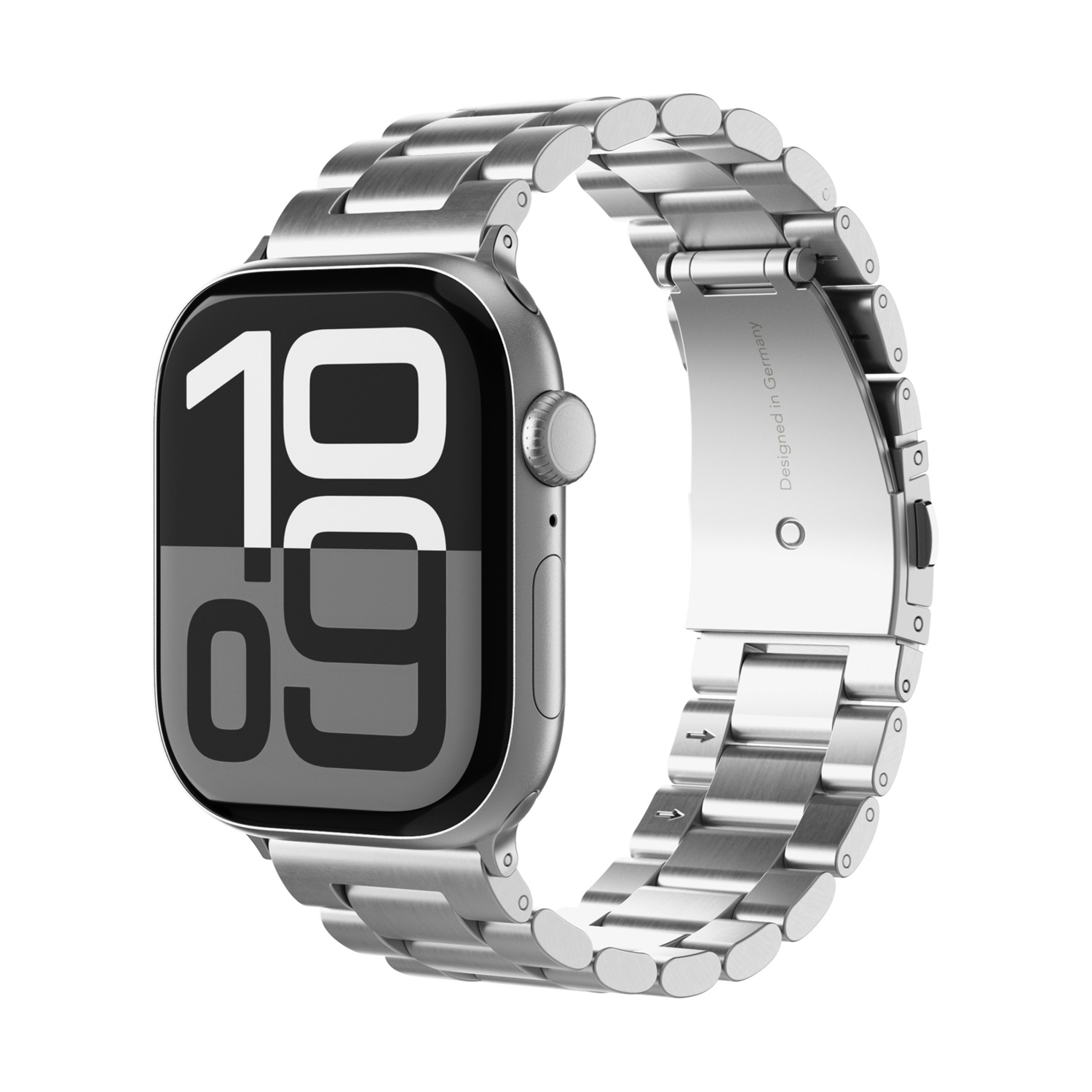 Uno smartwatch argento con cinturino in metallo mostra le 10:09.