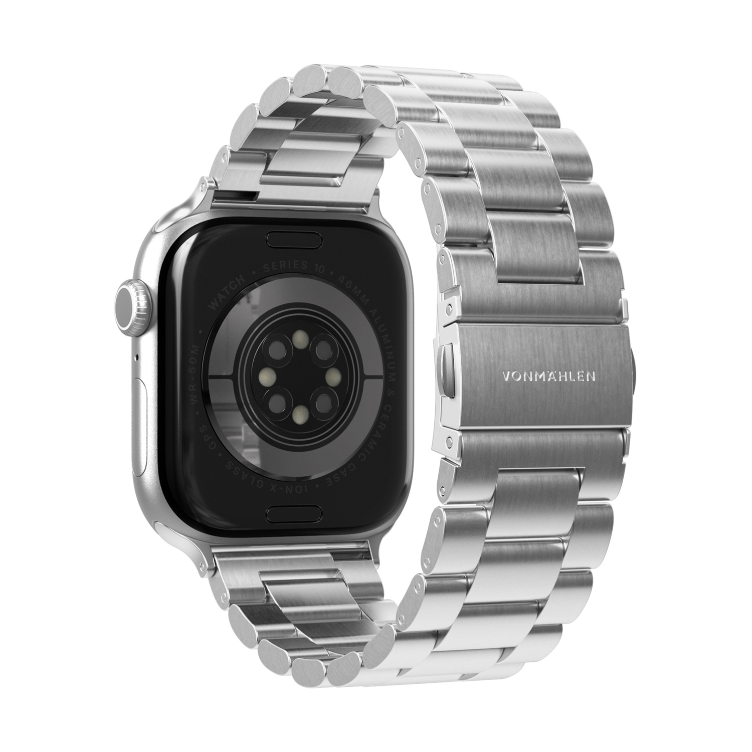 Bracciale argento metallico per smartwatch con orologio abbinato.