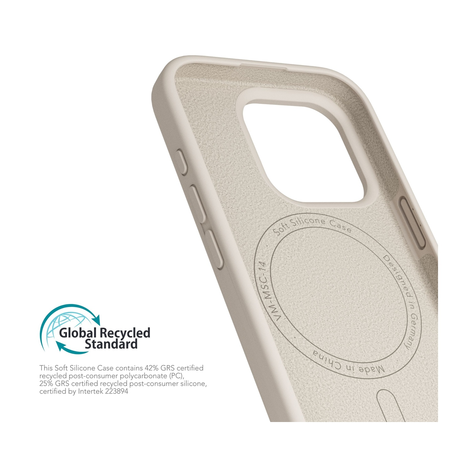 Interno custodia in silicone beige con logo Global Recycled Standard.