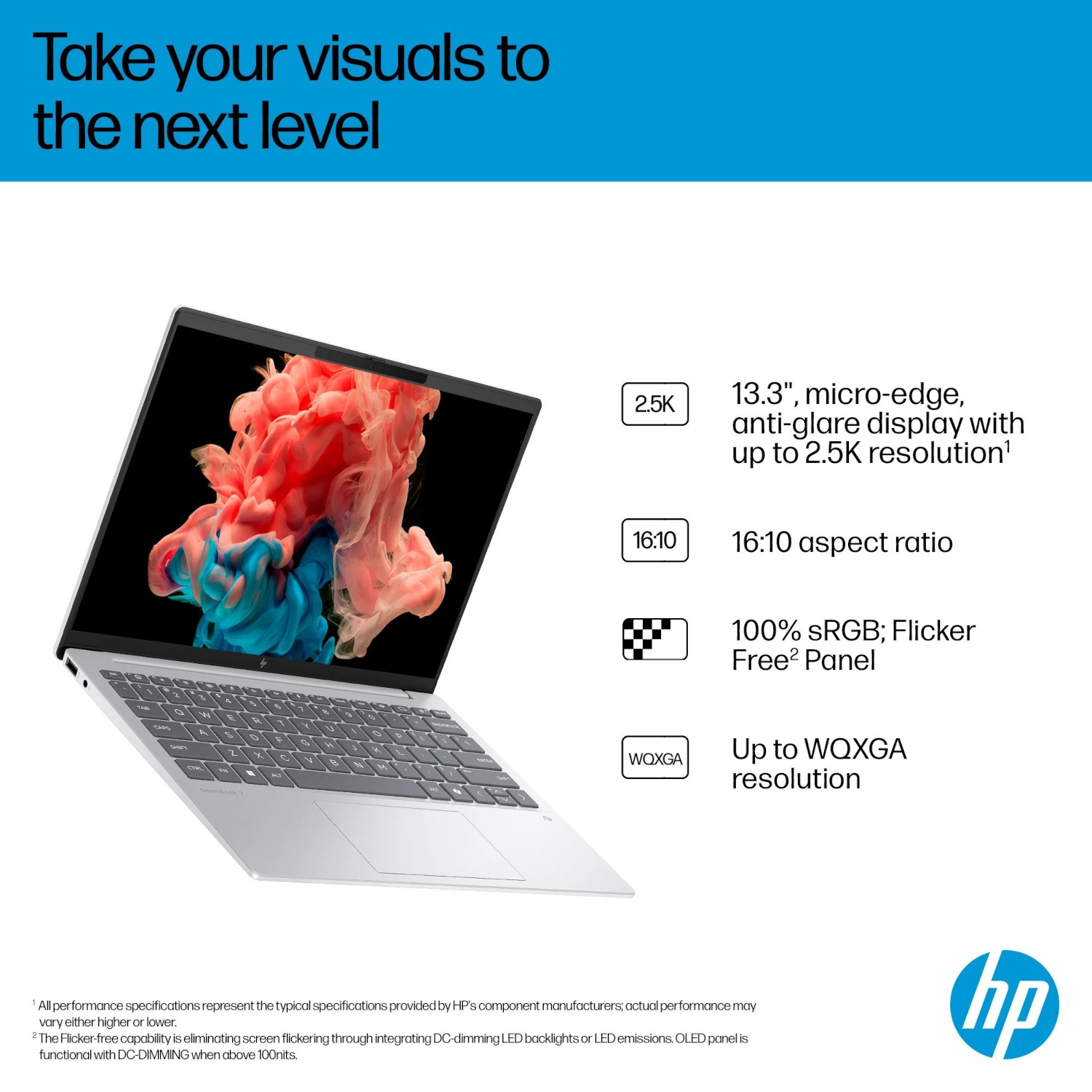 A silver laptop displays a colorful abstract graphic on its 13.3-inch screen.