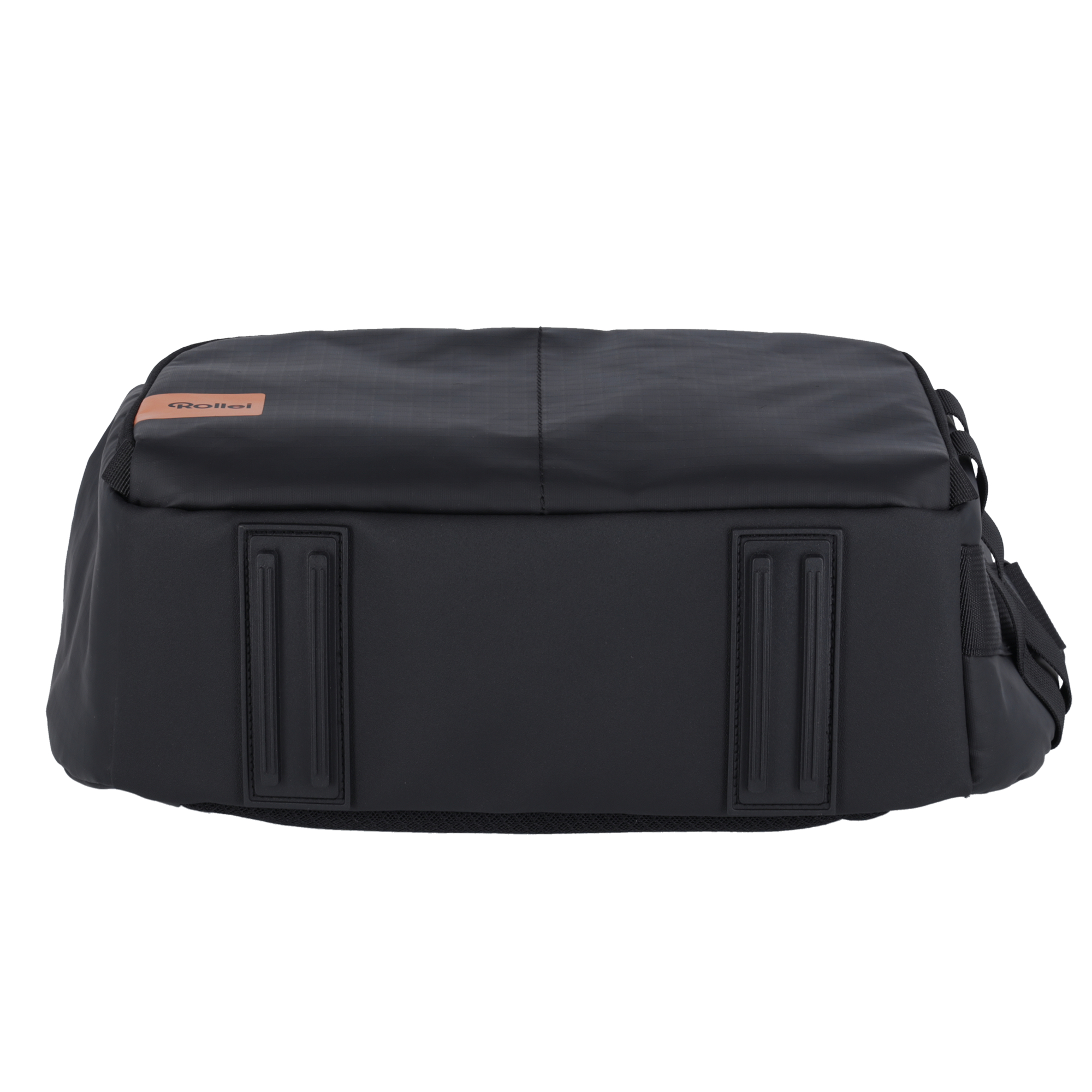 Schwarze Tasche mit braunem Rollei-Logo, vorne.