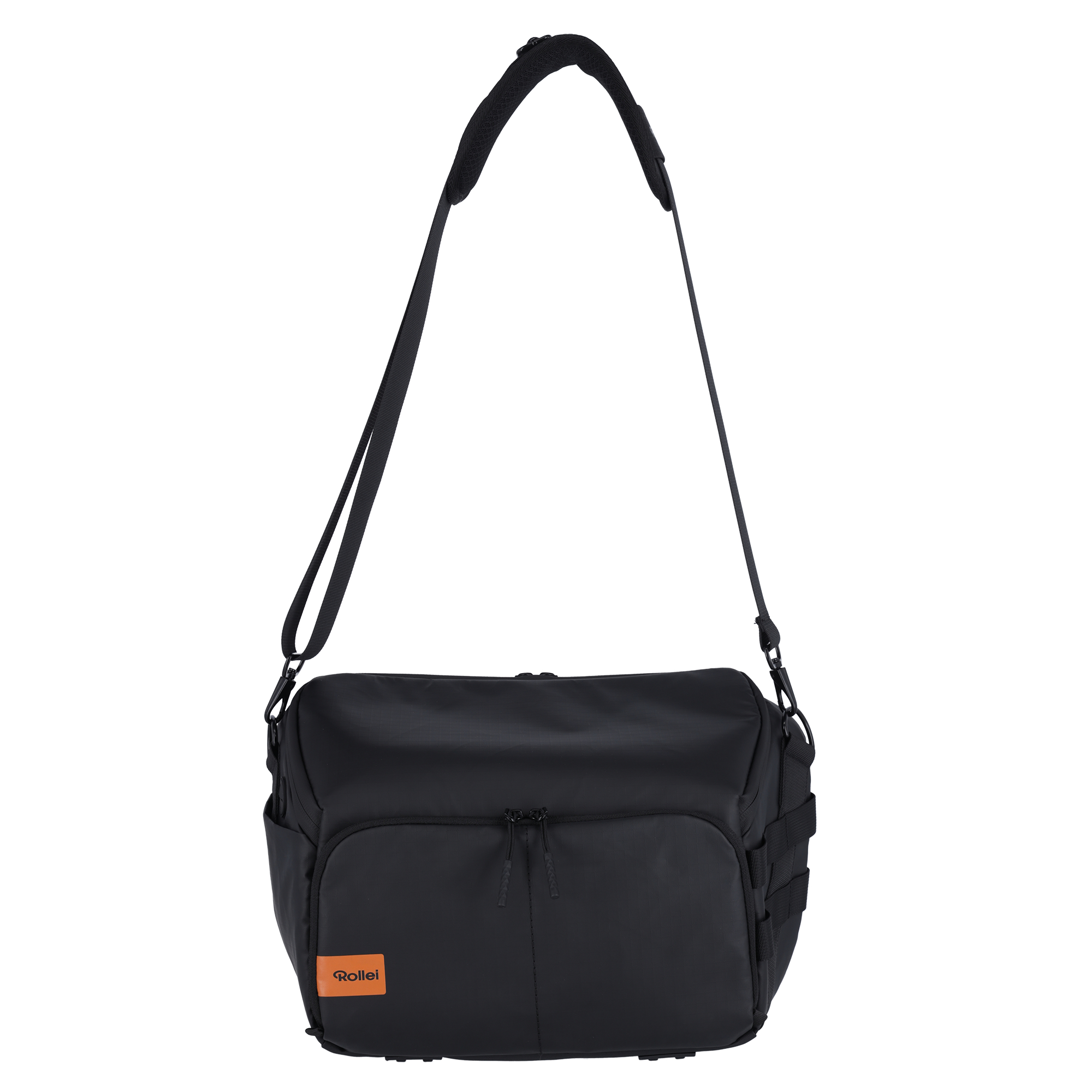 Schwarze Umhängetasche mit verstellbarem Riemen und orangefarbenem Rollei-Logo.