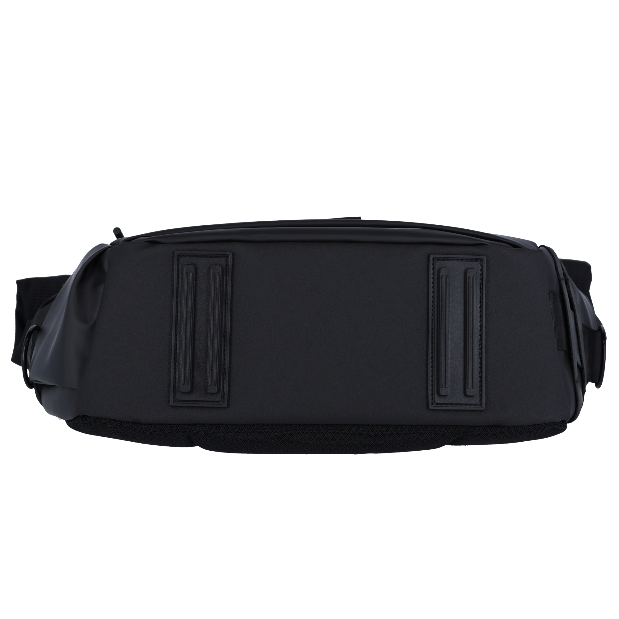 Schwarze Bauchtasche mit zwei vertikalen Riemenhalterungen und Mesh-Boden.