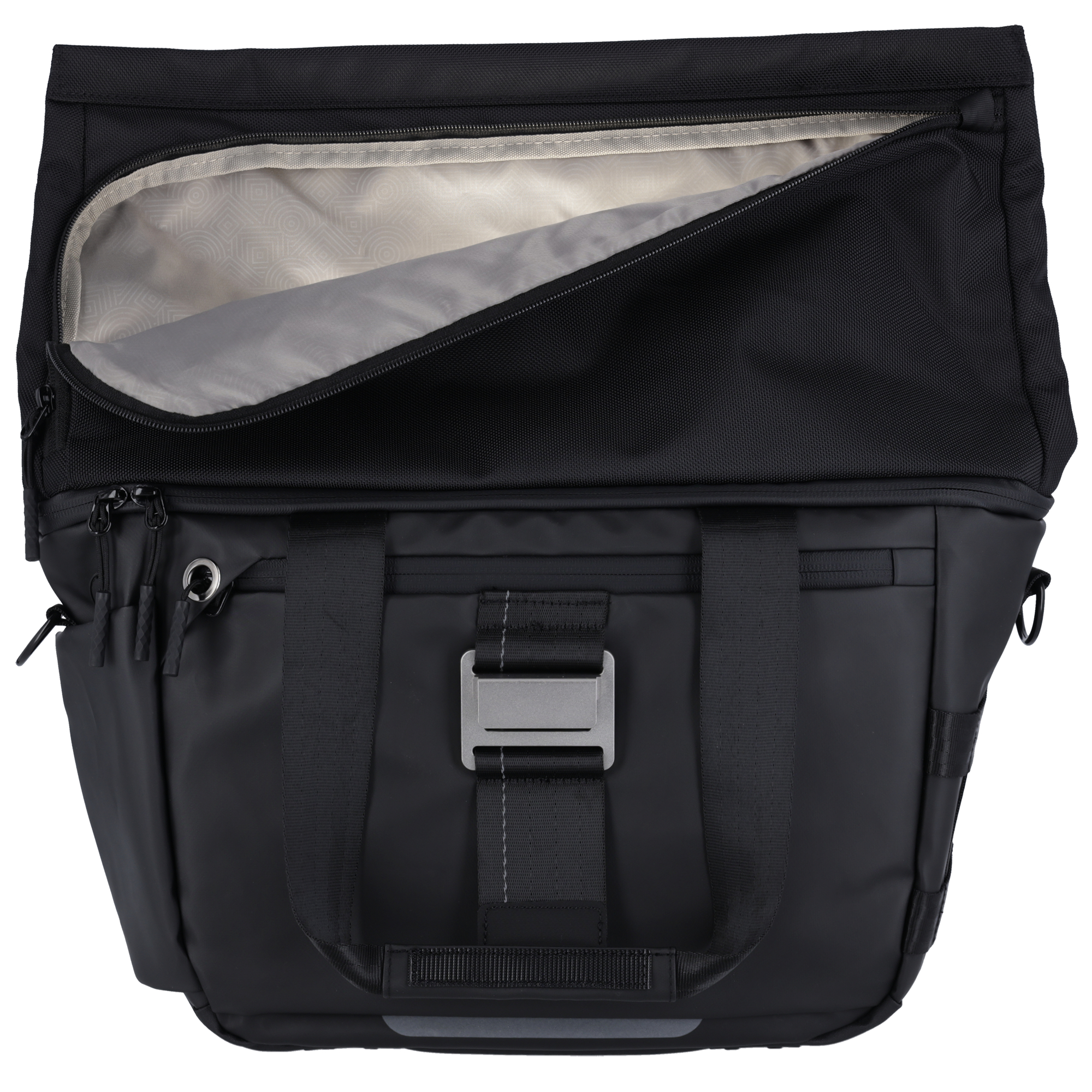 Schwarze Tasche mit offenem Reißverschluss und grauem Innenfutter mit Muster.