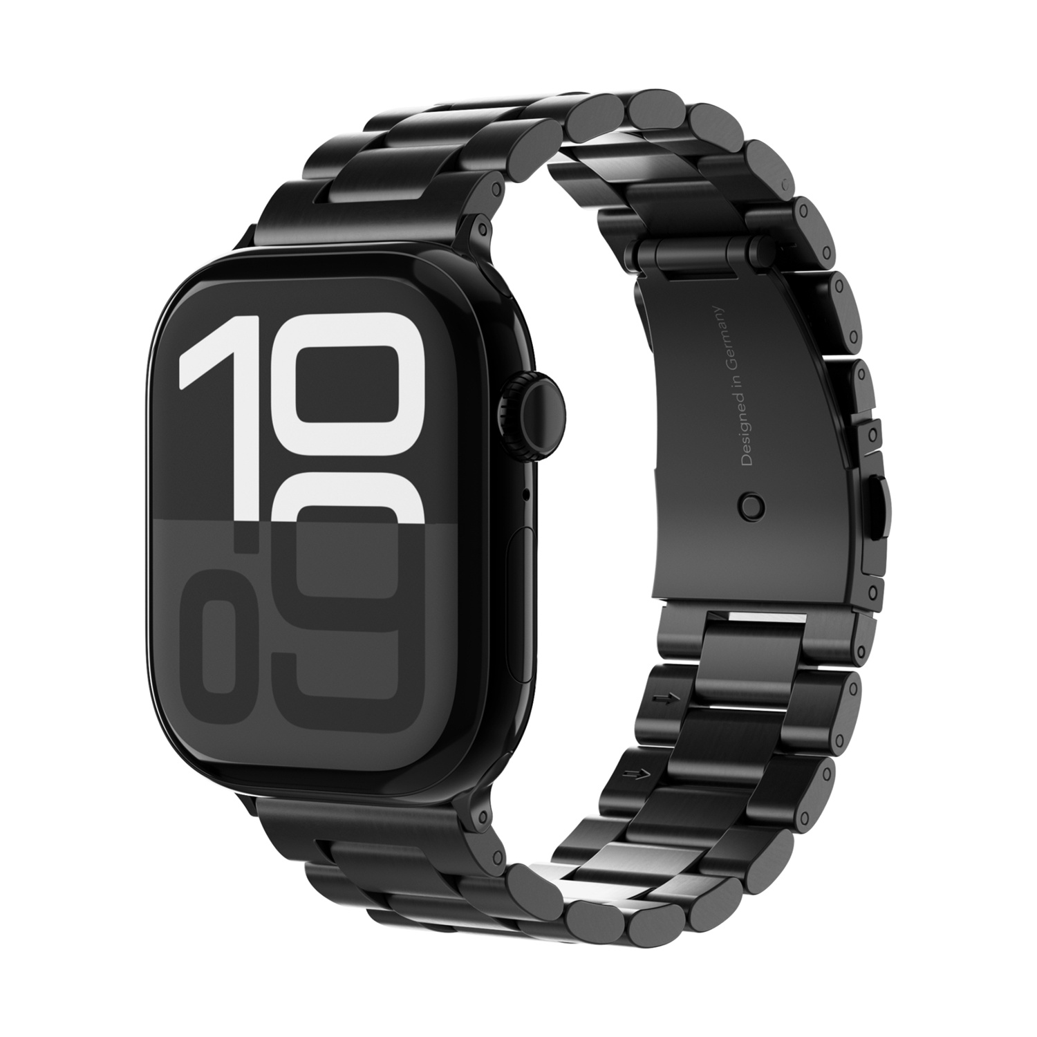 Smartwatch nero con cinturino in metallo e display digitale dell'ora.
