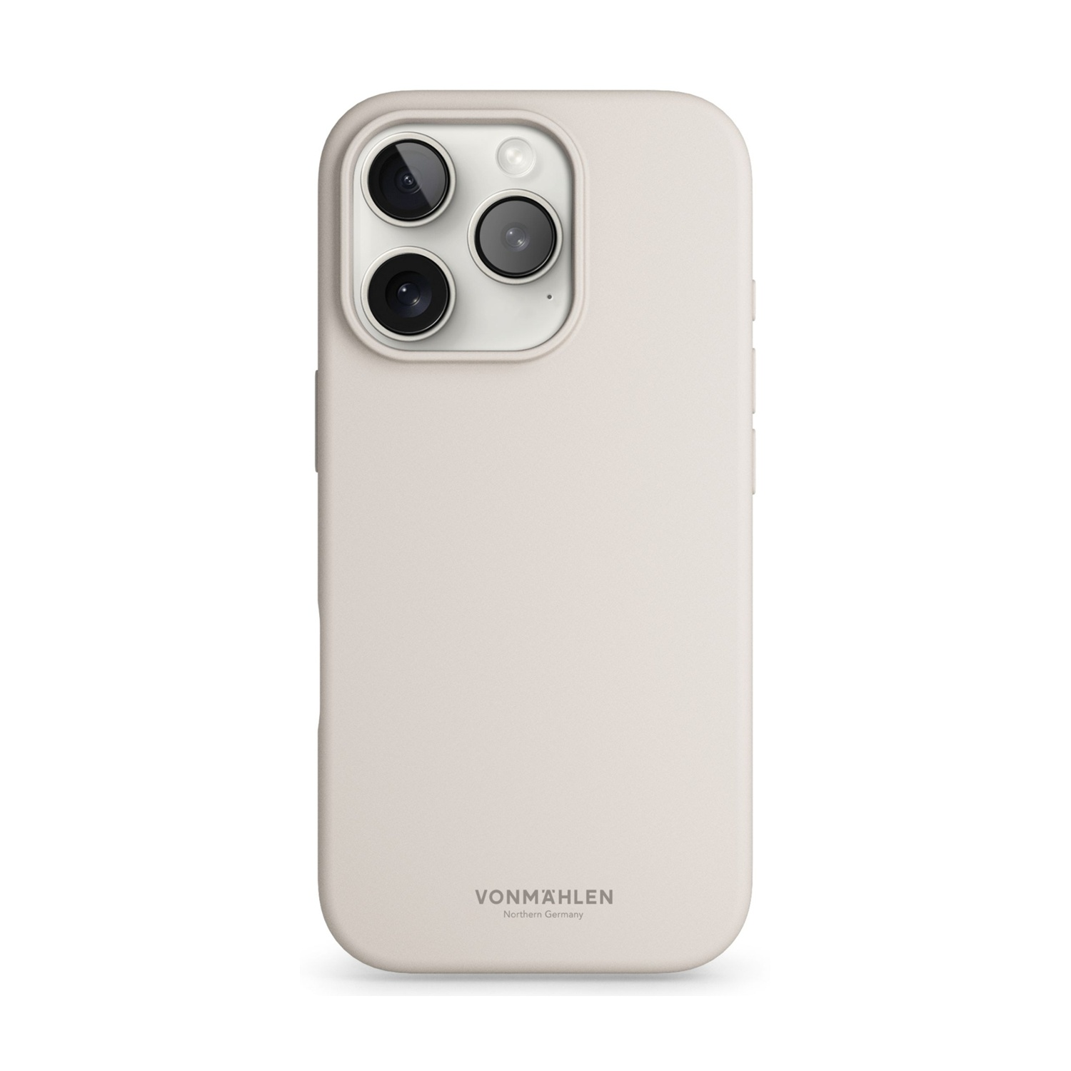 Custodia per telefono beige chiaro con tre obiettivi e logo.