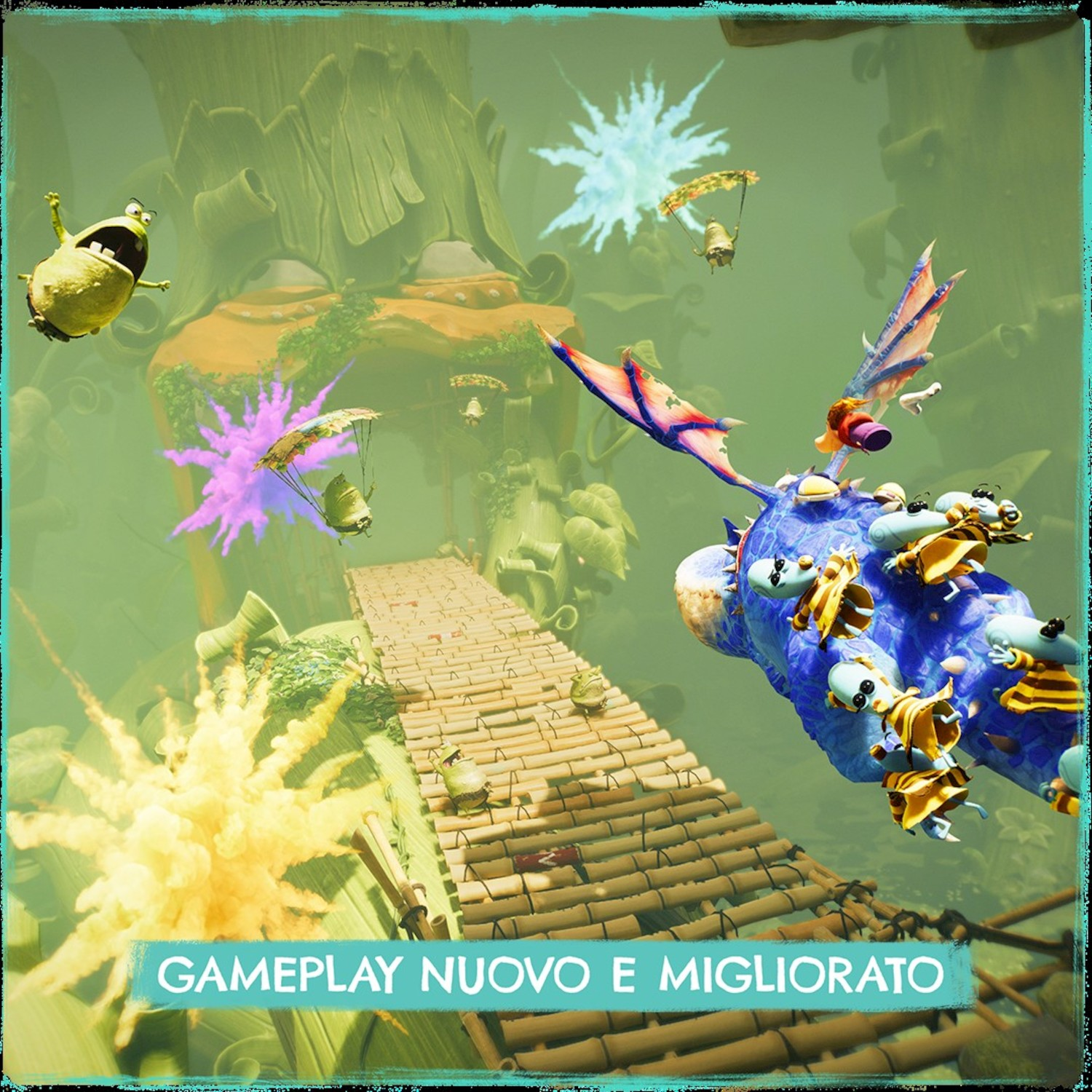Un drago blu con api e piccole creature vola su un ponte di legno.