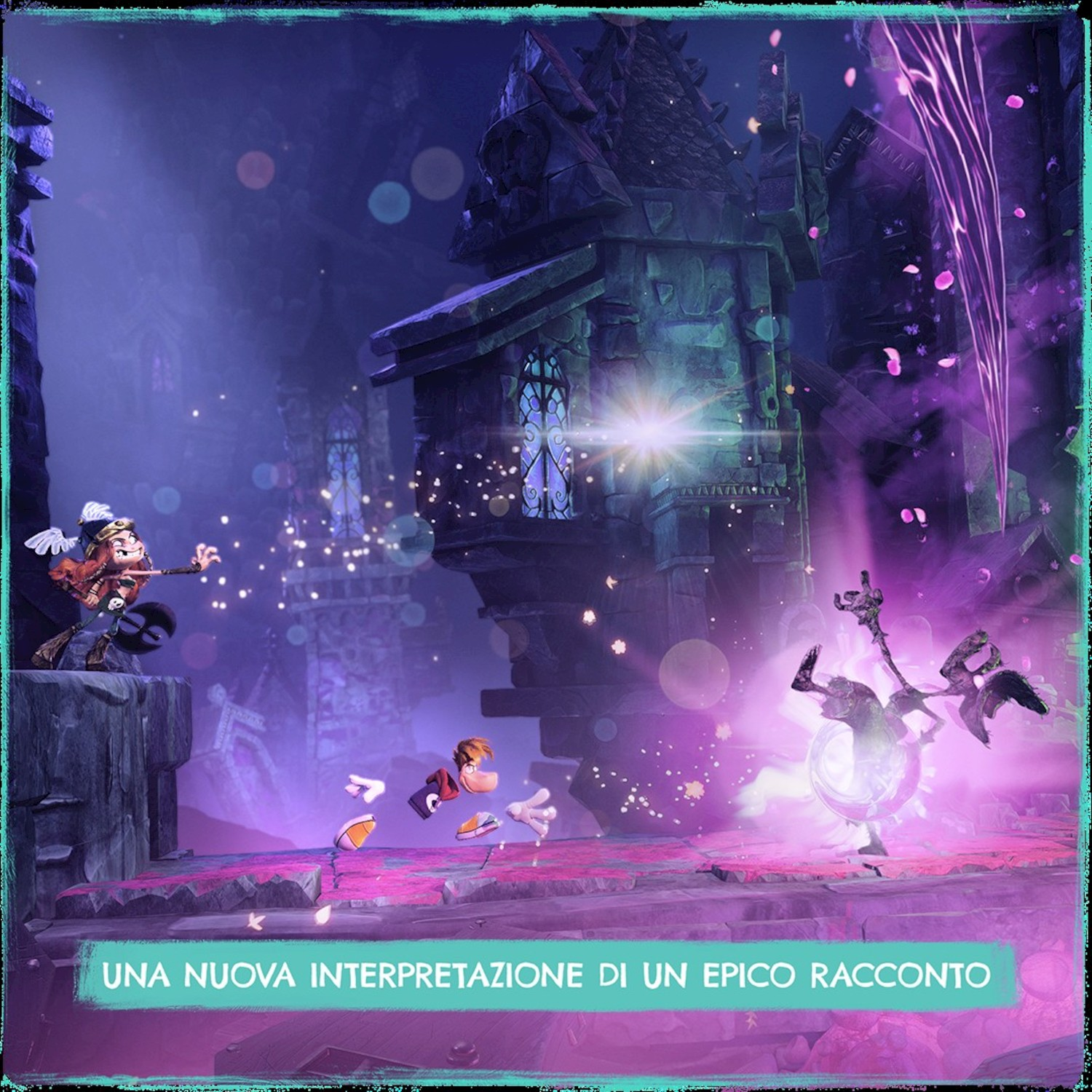 Personaggi saltano su una piattaforma viola davanti a un castello oscuro con particelle magiche.