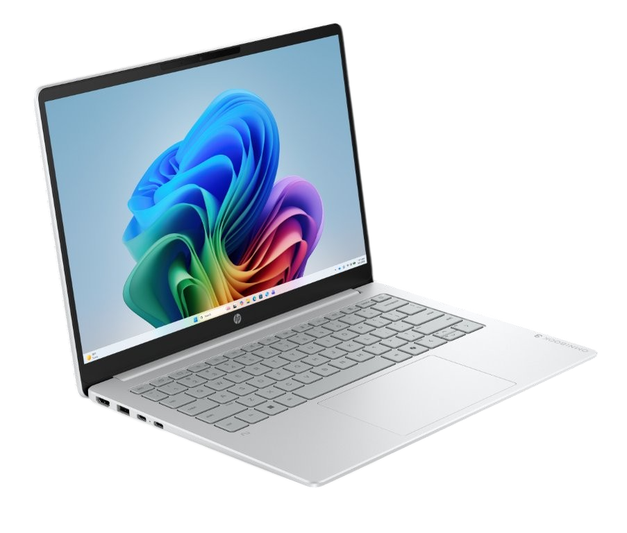 Ein silberner HP Laptop mit einem bunten abstrakten Hintergrundbild auf dem Bildschirm.
