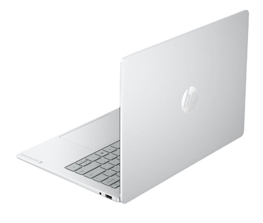 Ein weißer HP-Laptop mit geöffnetem Deckel, Tastatur und Touchpad sichtbar.
