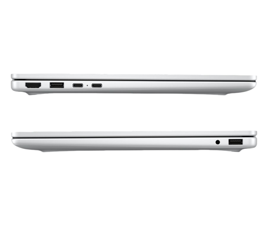 Oberansicht Laptops: HDMI, USB-A, 2x USB-C. Unteransicht: Klinkenbuchse, USB-A.