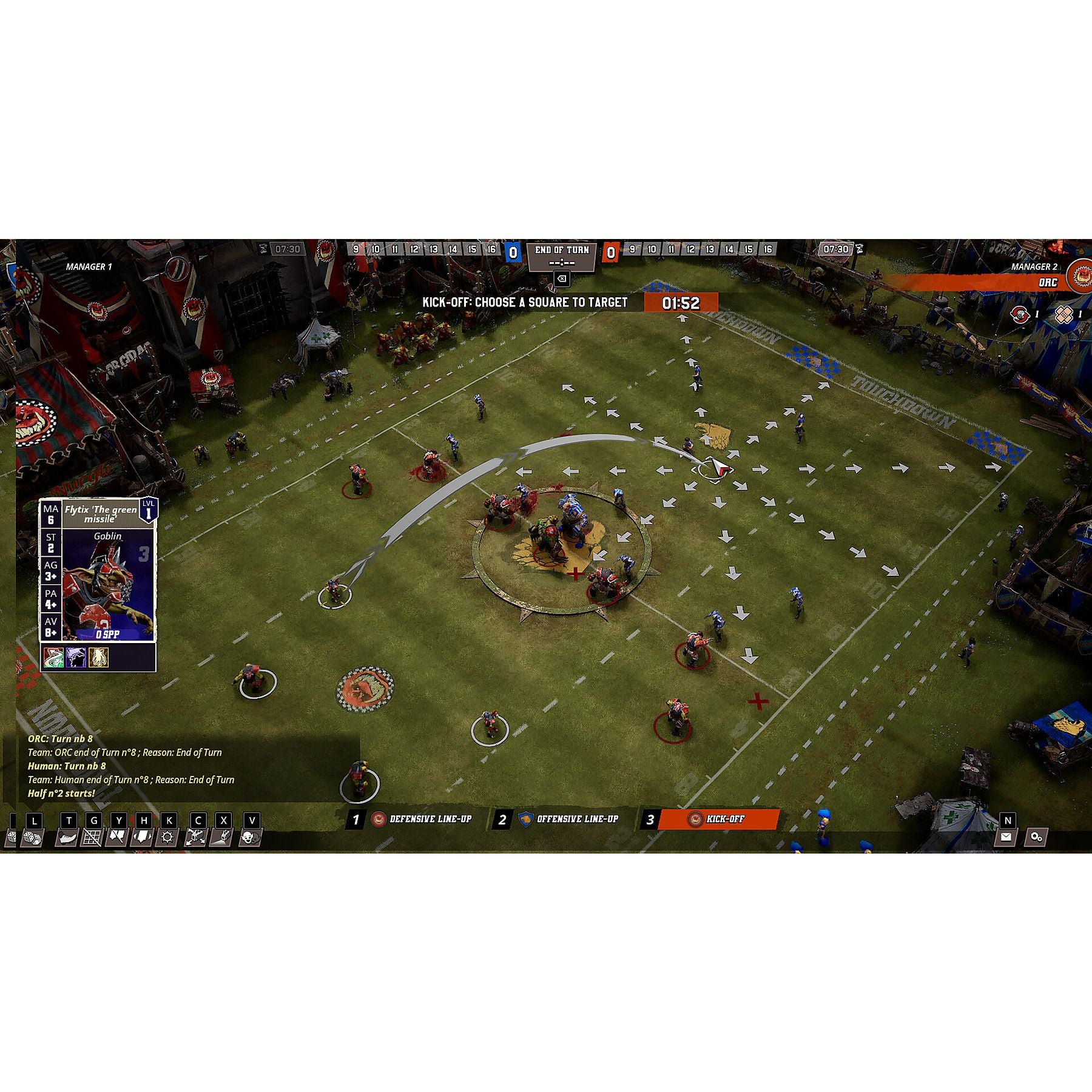 Un partido de fútbol americano con equipos Orc y Humano. Saque inicial con 2 jugadores. 01:52.