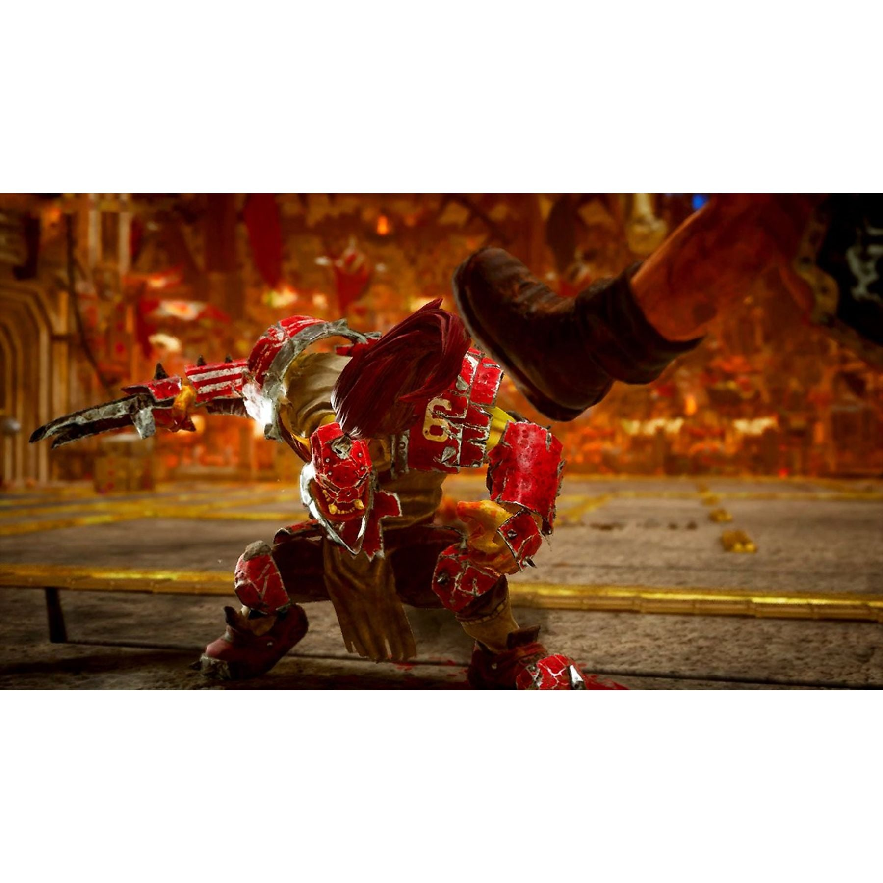 Un guerrero rojo con armadura y espada en combate.