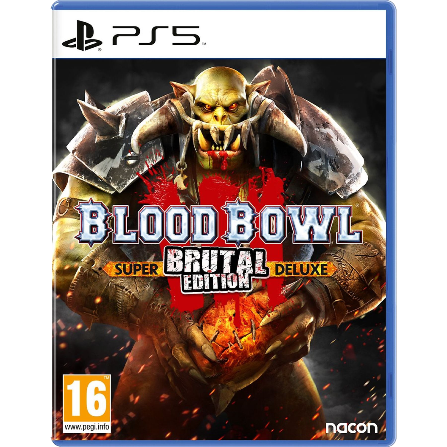 Un orco verde con armadura sostiene una bola de fuego, portada de juego PS5.