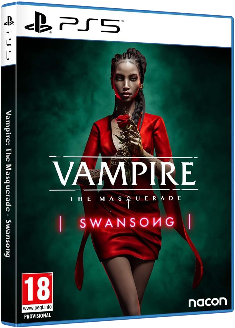 Portada del juego PS5 con una mujer de rojo sosteniendo una rosa. Título: Vampire: The Masquerade - Swansong.