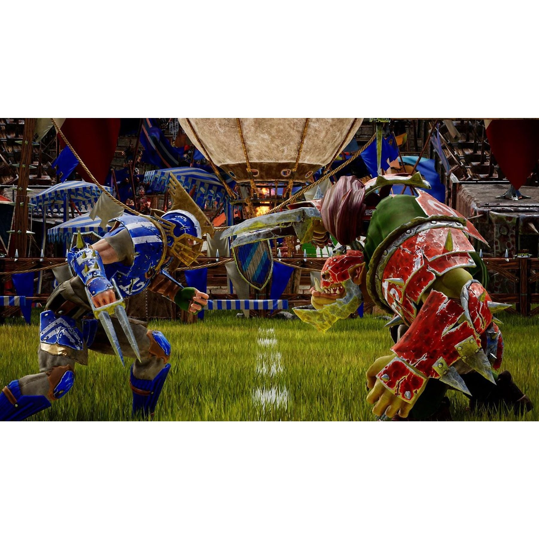 Un guerrero azul y un orco verde se enfrentan en un campo. Carpas coloridas al fondo.