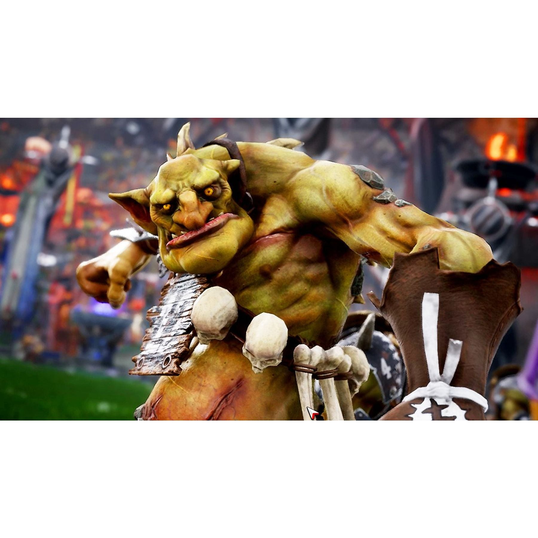 Un troll verde amarillento con ojos amarillos y adornos de hueso en un campo de juego.
