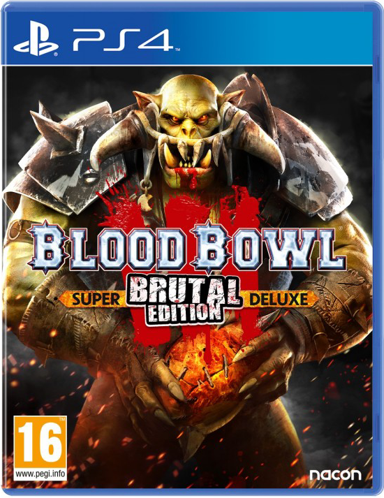 Portada de Blood Bowl Brutal Edition: Un orco con dientes sangrientos sostiene un balón.
