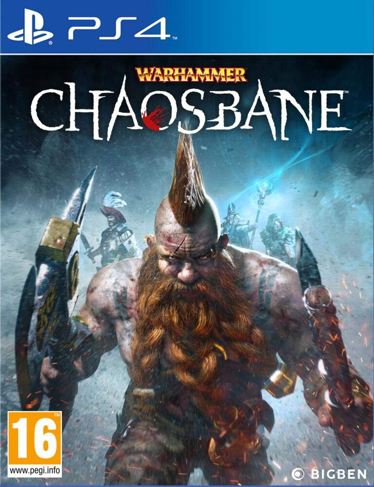 Portada de Warhammer Chaosbane, con un guerrero enano y el logo de PS4.