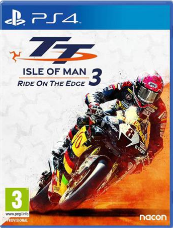 Portada del juego PS4: TT Isle of Man 3, piloto de moto en acción.