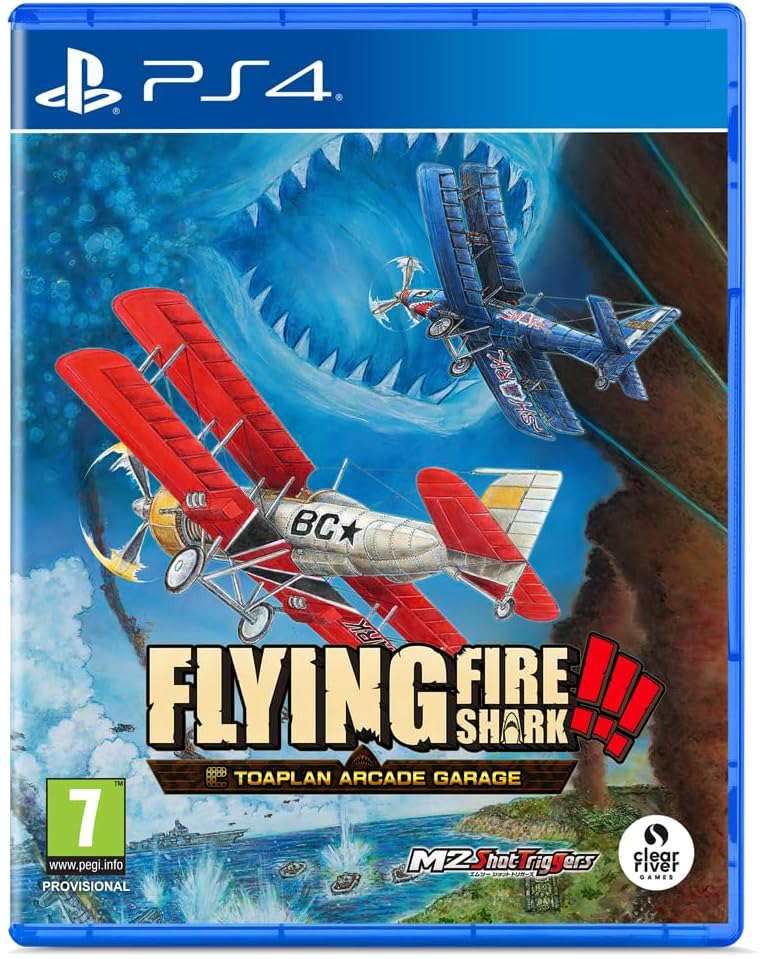 Portada de juego PS4 con aviones frente a la boca de un tiburón. Rojo y azul.