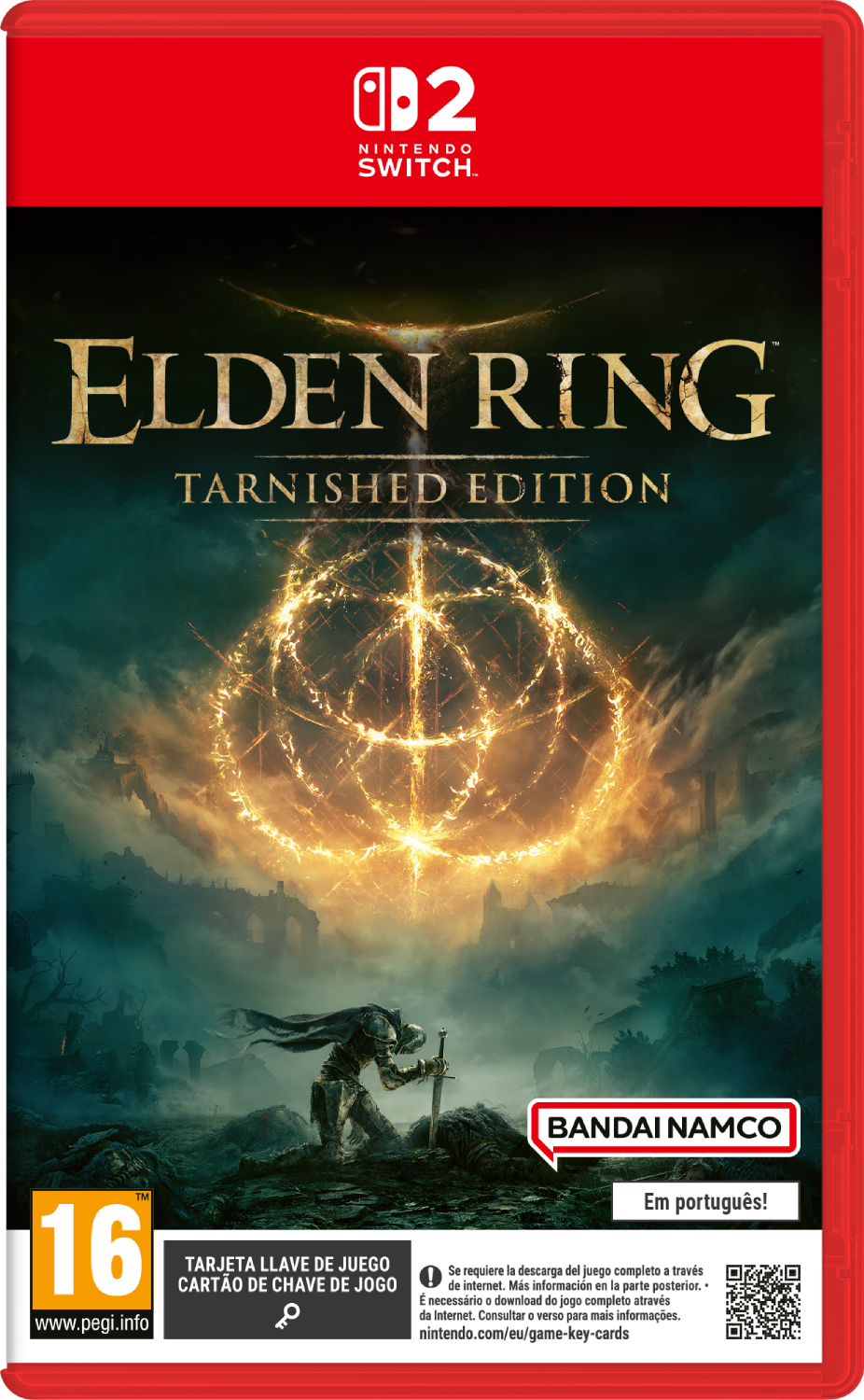 Un caballero se arrodilla ante un círculo brillante. Portada juego Switch.