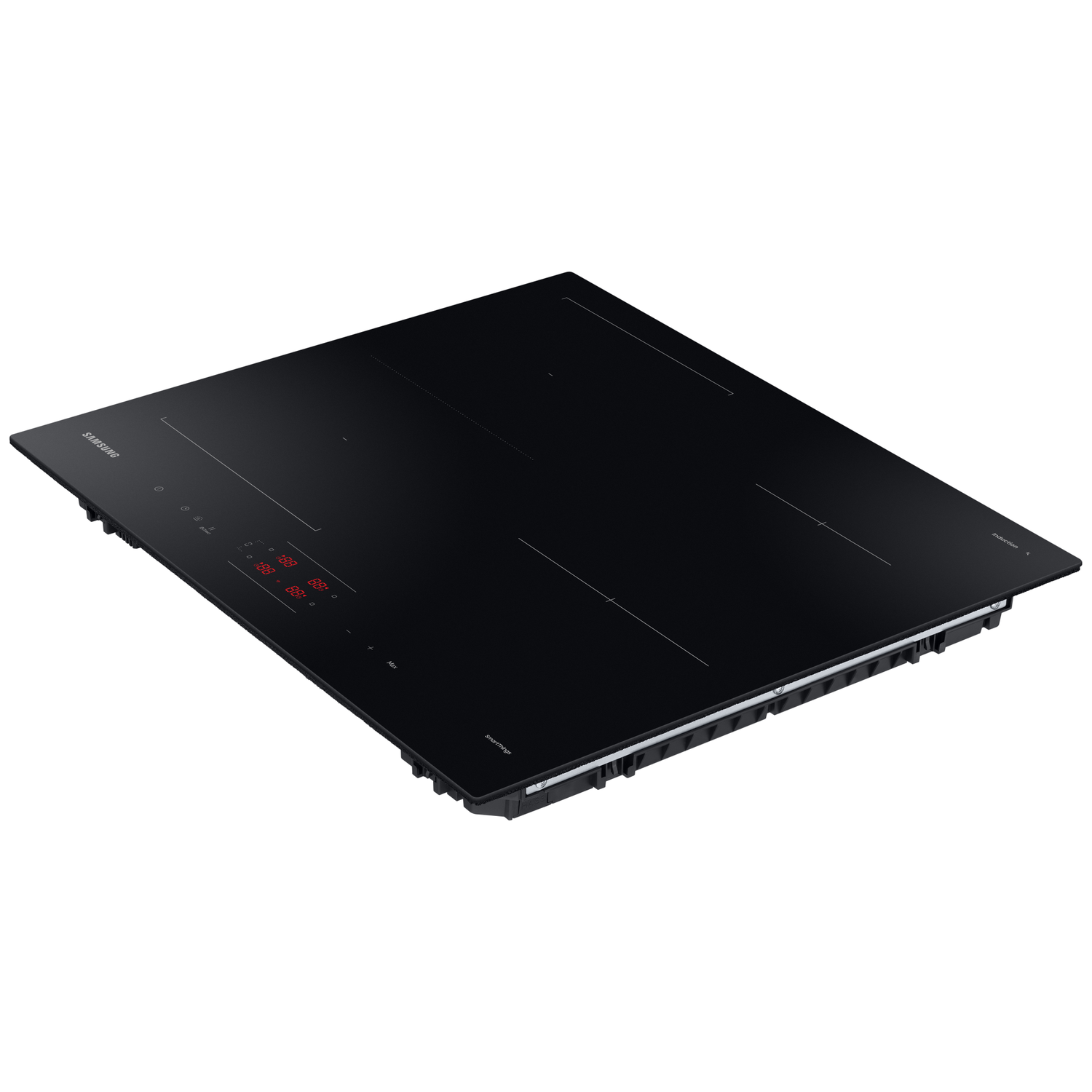 Black Samsung induction hob with digital display and four cooking zones.