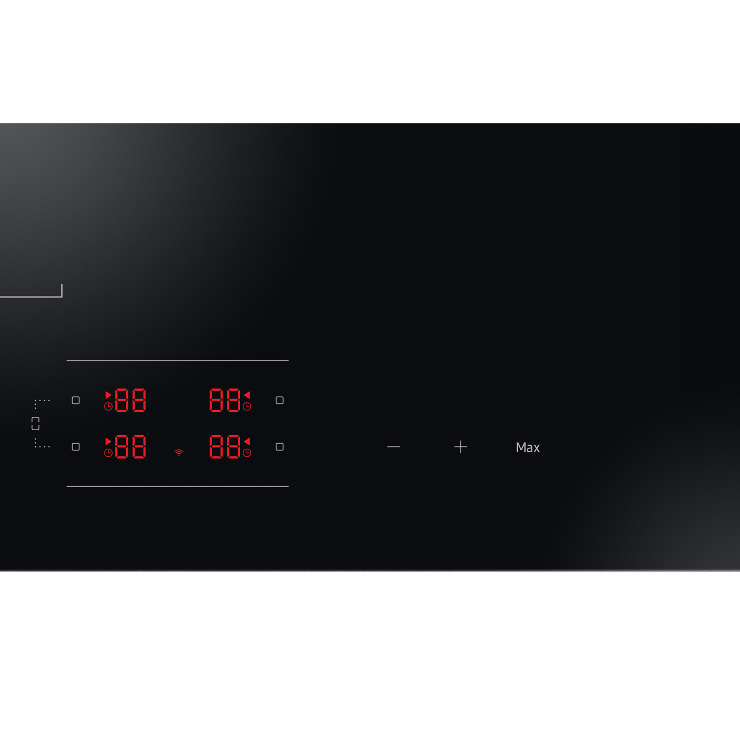 Black stovetop with red digital displays and controls.