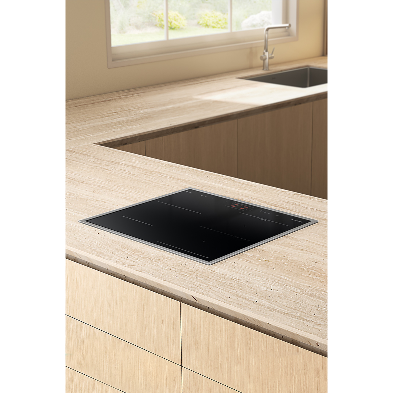 A modern induction hob on a stone kitchen countertop with wooden cabinets.