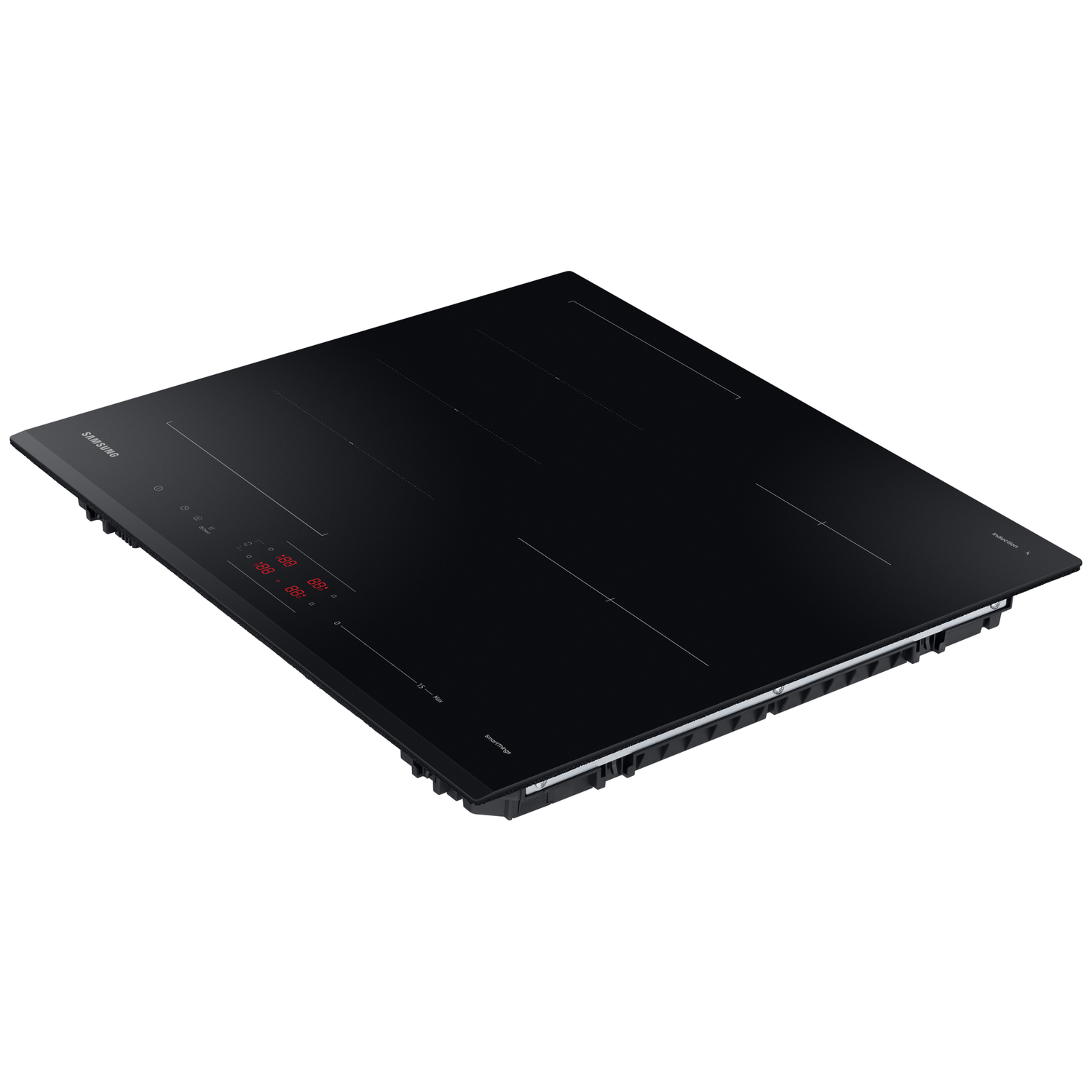 Black induction cooktop with touch controls and digital displays.