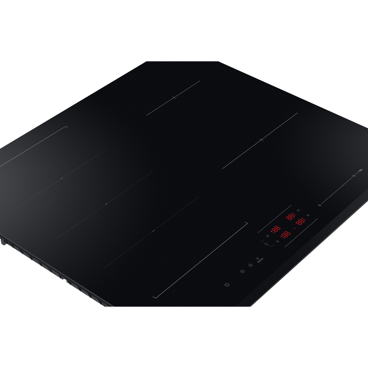 Black glass ceramic stovetop with four cooking zones and digital displays.