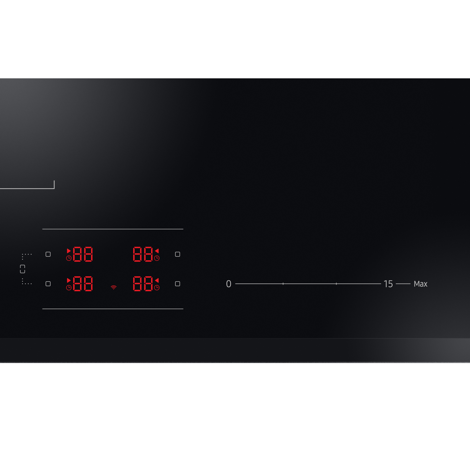 Black stovetop with red digital displays and a 0-15 scale.
