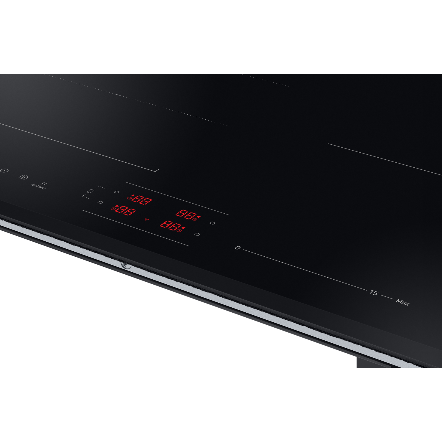 A black induction hob with red digital displays and white markings.