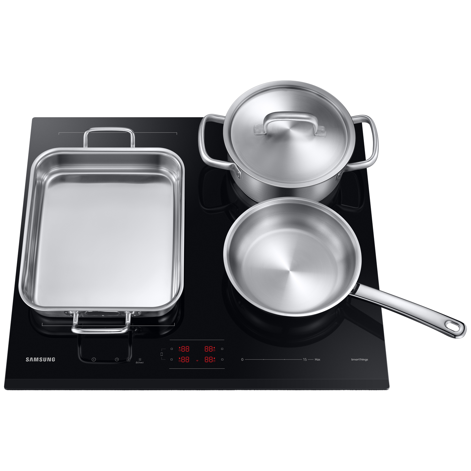 A black induction cooktop with a stainless steel roasting pan, pot, and frying pan.