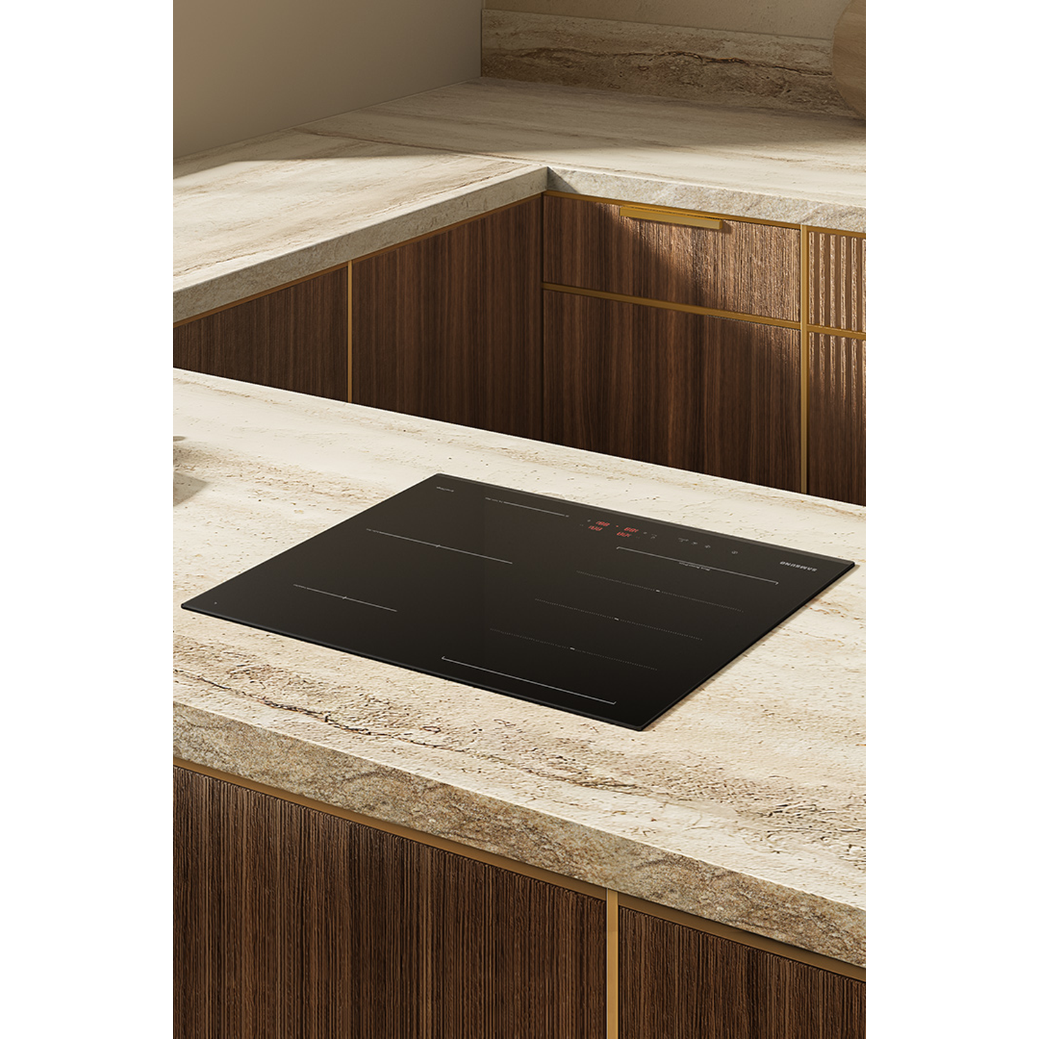 A black induction hob with digital displays on a marble countertop.