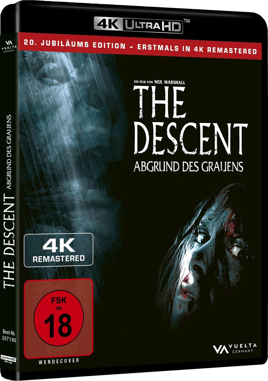 Die "The Descent" 4K UHD Blu-ray Hülle zeigt ein düsteres Artwork mit einem Gesicht.
