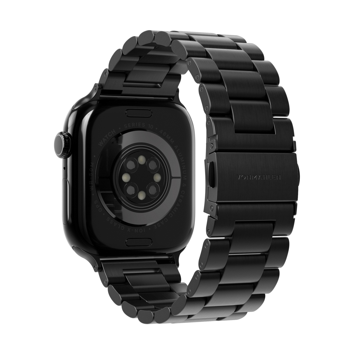 Smartwatch nero con cinturino in metallo, mostra sensori posteriori e dettagli.