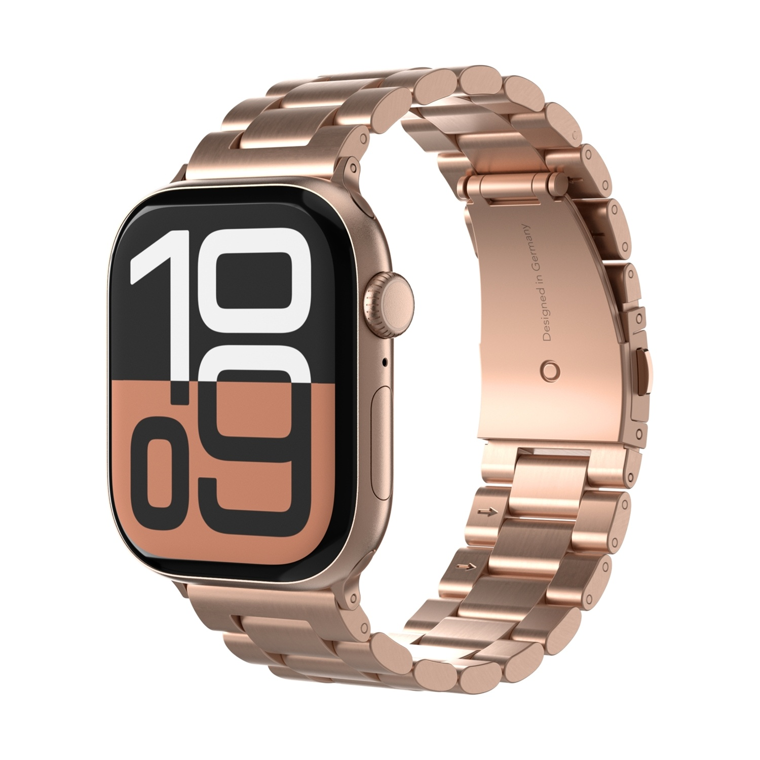 Uno smartwatch color oro rosa con cinturino in metallo mostra le 10:09.