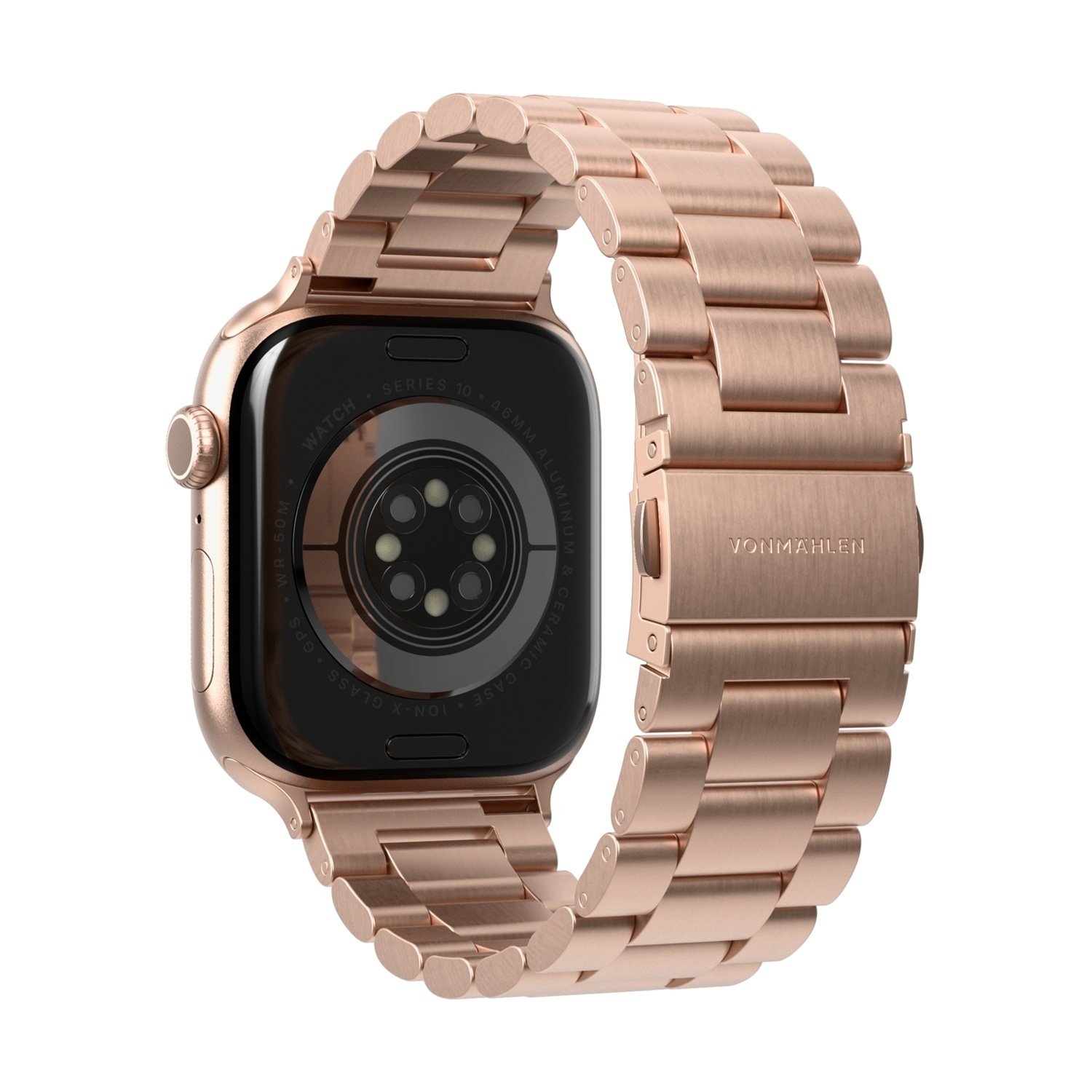 Apple Watch oro rosa con cinturino in metallo, retro sensori.
