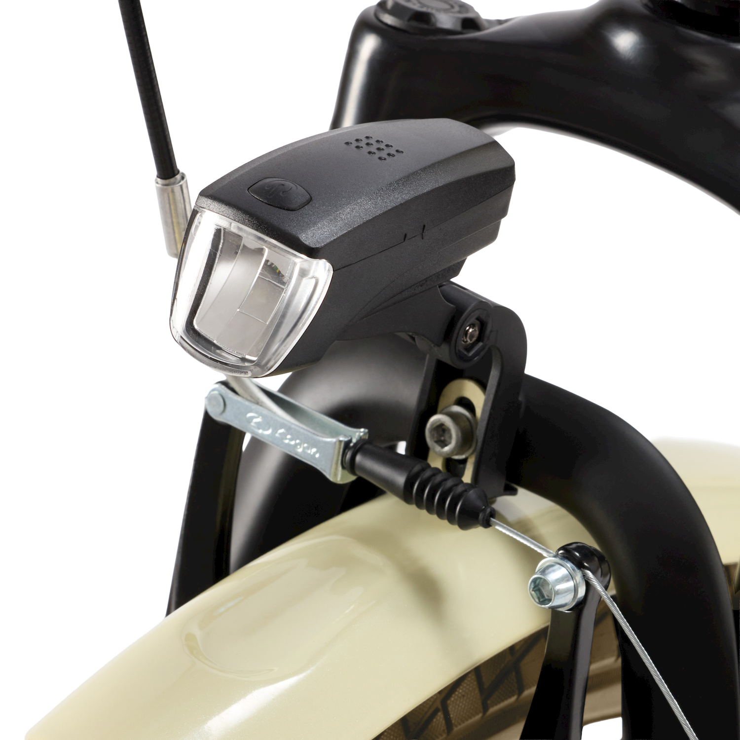 Un faro per bicicletta nero con cavi e parafango color crema.