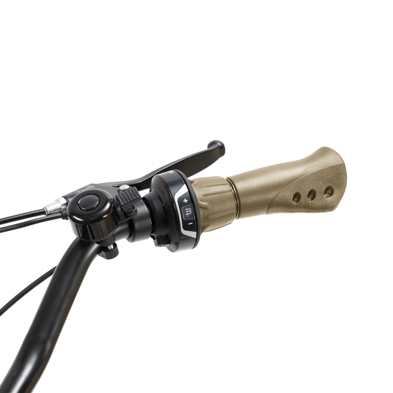 Manubrio bicicletta con impugnatura, freno e manopola cambio beige e nero.