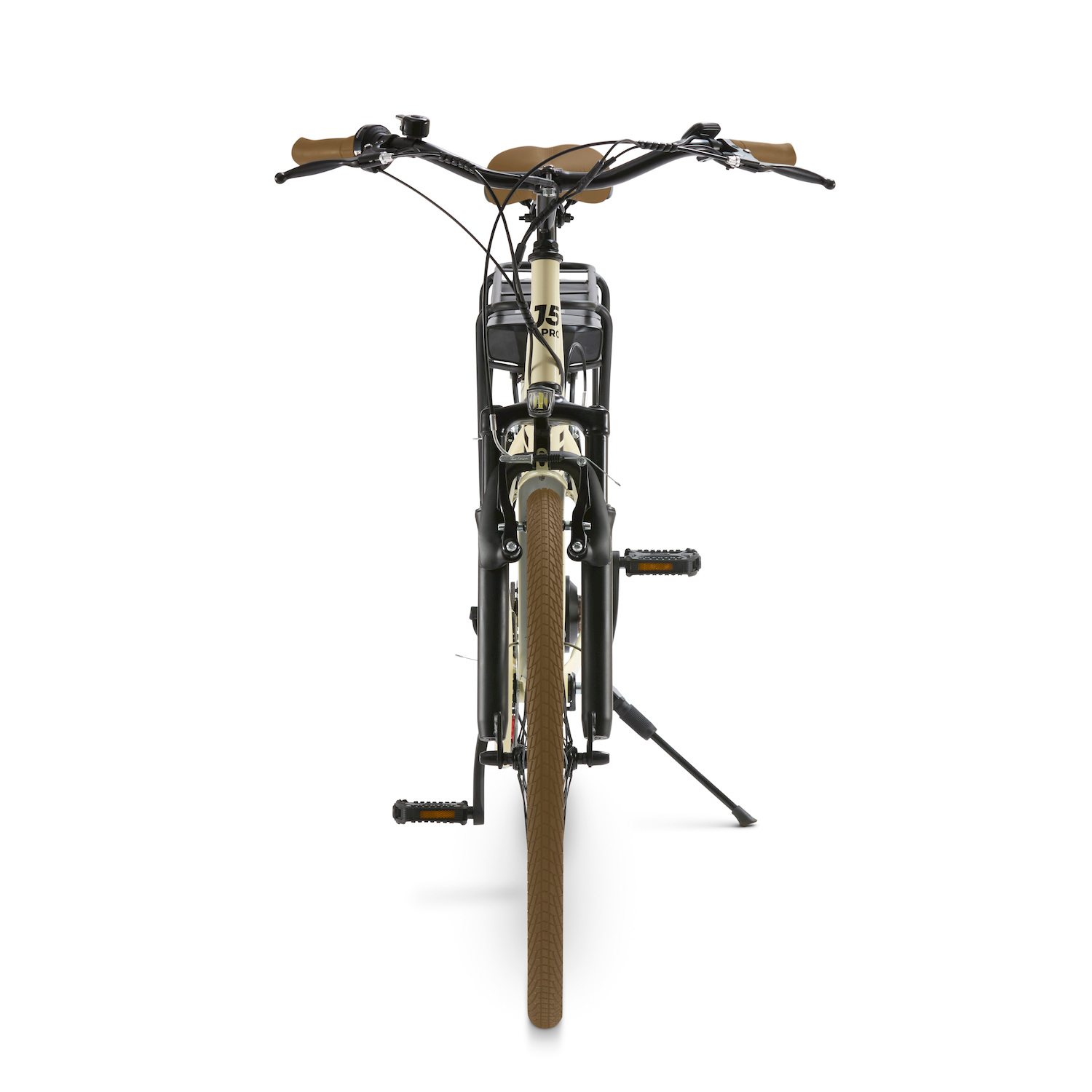 Una bicicletta color crema con manubrio e pneumatici marroni, vista frontalmente.