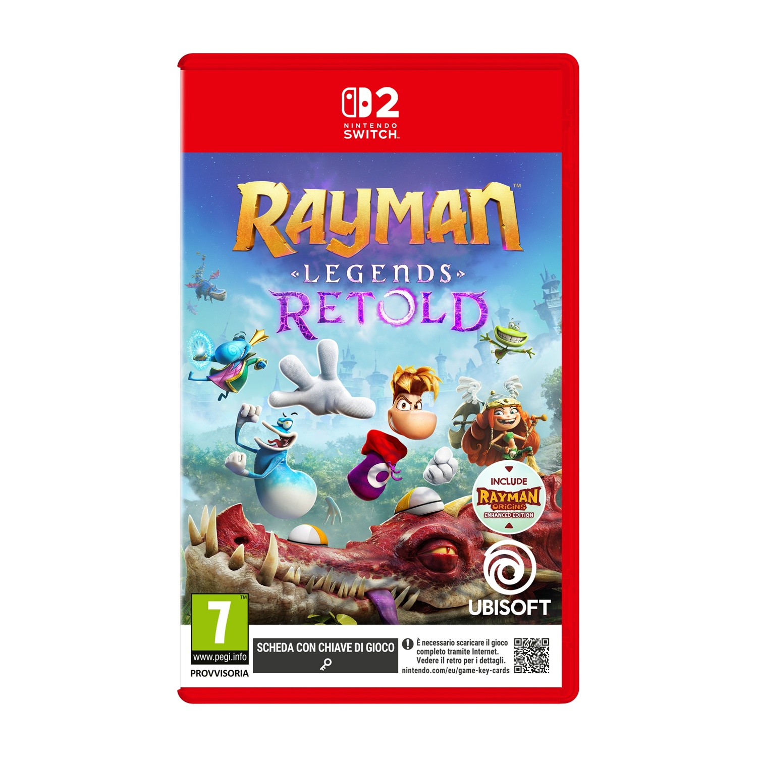Copertina del gioco Nintendo Switch Rayman Legends Retold con personaggi e un drago rosso.